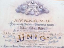 1887 Kolozsvári szabadkőműves "Unio" oklevél a Magyarországi Symbolikus Nagypáholyba való ...