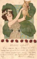 Boldog újévet! Kunstverlag Emil Dotzert, Serie 324 / Art Nouveau New Year greeting with pearl decoration, litho
