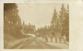 Világháborús magyar katonák erdei vasútnál / K.u.K. Hungarian soldiers by a forest railroad, photo