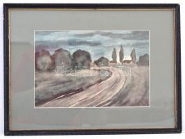 Olvashatatlan jelzéssel: Kanyarodó út. Akvarell, papír, üvegezett keretben, 15×23 cm
