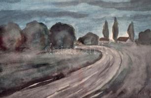 Olvashatatlan jelzéssel: Kanyarodó út. Akvarell, papír, üvegezett keretben, 15×23 cm