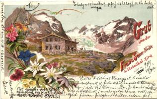 Franz-Senn-Hütte, Stubaital in Tirol / alpine shelter house, floral 'Gruss aus' litho