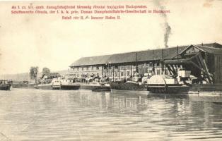 Budapest III. Óbuda; Az I. cs. kir. szab. dunagőzhajózási társaság óbudai hajógyára Budapesten, a Belső rév II.; a Tokaj és Haza gőzösök (fa)