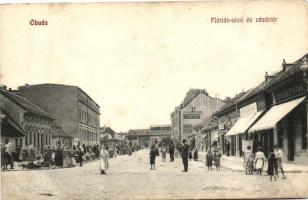 Budapest III. Óbuda; Flórián utca és vásártér, piac, gyógyszertár, Neumann A. és Weisz Lipót üzletei, Holzbauer Testvérek hirdetése a házfalon; kiadja Kohn és Grünhut (EK)