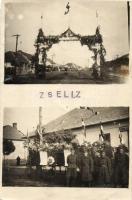 1938 Zselíz, Zeliezovice; bevonulás, magyar katonák csoportképe, díszkapu / entry of the Hungarian troops, ornamental gate, Hungarian soldiers group photo (fa)