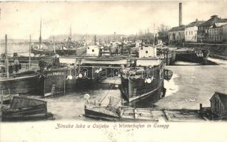 Eszék, Esseg, Osijek; téli kikötő, uszályok / winter harbor, barges