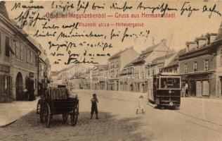 Nagyszeben, Sibiu; Disznódi utca, villamos, lovaskocsi, Nadaskay üzlete / street, tram, horse carriage, shop