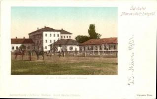 Marosvásárhely, Targu Mures; Magyar Királyi 9. honvéd huszárlaktanya, kiadja Raichardsperg J. és Társa / 9th Hungarian Royal Hussar barracks (vágott / cut)