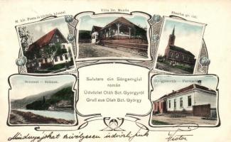 Oláhszentgyörgy, Sangeorz-Bai; Posta és Távirda hivatal, Villa Dr. Monda, Szamos, gyógyszertár, görög katolikus templom / post and telegraph office, villa, river, pharmacy, Greek Orthodox church, Art Nouveau (Rb)