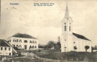 Nagysajó, Sieu; Evangélikus templom és iskola, kiadja Járay Áron, Dunky Fivérek cs. és kir. udvari fényképészek / Lutheran church and school (EK)