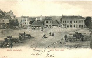 Kézdivásárhely, Targu Secuiesc; a Főtér északi oldala, lovaskocsik, Dávid Gyula üzlete / view of the northern part of the main square, horse carriages, shop (r)