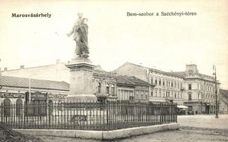 Marosvásárhely, Targu Mures; Bem szobor a Széchenyi téren, Petelei Márton, Schul Henrik és Izmael Ferenc üzlete, Központi szálloda / statue, square, shops, hotel