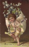 Easter putto, floral Emb. litho