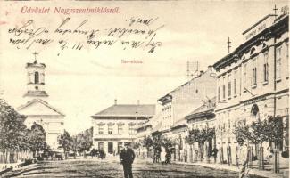 Nagyszentmiklós, Sannicolau Mare; Sas utca, Takarékpénztár, Mausz János üzlete, kiadja Wiener Náthán / street, Savings bank, shop