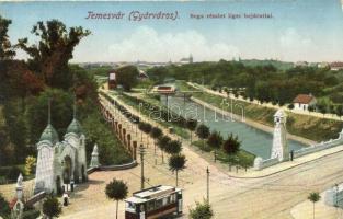 Temesvár, Timisoara; Bega részlet, híd, a park bejárata, villamos / river detail, park entrance, tram (Rb)