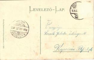 Dombóvár, Korona szálloda, Kapos-híd, vasútállomás, templom; pillangó, szecessziós kollázs, kiadja D...