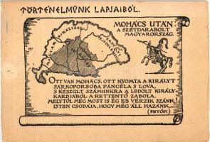 Történelmünk lapjaiból - Mohács után', Petőfi vers, A szétdarabolt Magyarország, Betűország képeslap / Hungarian irredenta, poem, map s: Horváth J.  (lyuk / pinhole)