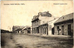 Nagymihály, Michalovce; Kossuth Lajos utca, gyóógyszertár, Burger Miksa és Glück Mór üzlete / street, pharmacy, shops (EK)