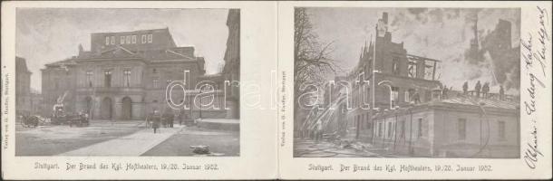 1902 Stuttgart, Der Brand des Kgl. Hoftheaters, Verlag von G. Haufler / Royal Theatre on fire, firefighters in action; folding card