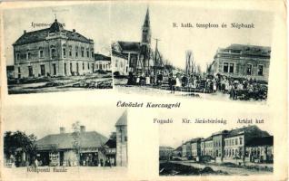 Karcag, Iparos otthon, Központi Bazár, Fogadó, Járásbíróság, Artézi kút, Népbank, piac, kiadja Gerenday és Társa (EK)