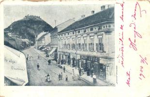 Déva, Fő utca, Pap Jenő üzlete, Lengyel üzlete, vár / main street, shops, castle (fa)