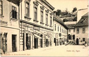 Eger, Dobó tér, Engländer Adolf könyv és papír kereskedése, Klein J., Róth Mór és Krikava József üzlete; kiadja Engländer Adolf