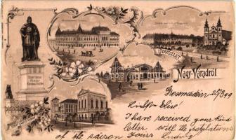 1899 Nagyvárad, Oradea; Szent László szobor, Kereskedelmi csarnok, Premontrei főgimnázium, Sport pavilon / statue, grammar school, sport pavilion, commercial hall, floral, Art Nouveau litho (fa)