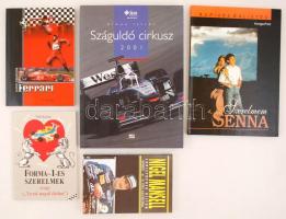 Forma-1-gyel kapcsolatos 5 db könyv: Szerelmem Senna, Nigel Mansell, Forma-1-es szerelmek, Ferrari, Száguldó cirkusz 2001. Kötetenként változó kötésben, jó állapotban.