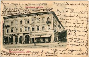 Marosvásárhely, Targu Mures; Transilvania szálloda, Izmael Ferenc üzlete, kávéház, kiadja Holbach Ede / hotel, shop, cafe  (EK)