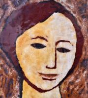 Somos jelzéssel: Női portré. Festett mázas cserép, apró máz hibákkal, keretben, 29×19 cm
