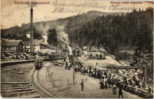 Gelence, Ghelinta; Zernyei vonat érkezése, fűrésztelep, kiadja Bogdán A. fényképész / arriving train, saw mill (vágott / cut)