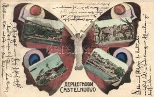 Herceg Novi, Castelnuovo; multi-view postcard with butterfly lady (r)