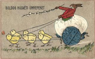 'Boldog Húsvéti Ünnepeket' / Easter, rabbit on duckling carriage, humour, litho (EK)