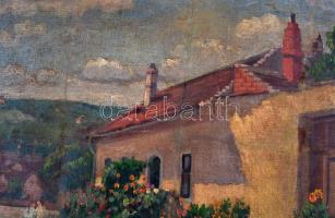 Turmayer Sándor (1879-1953):  Utca részlet. Olaj, vászon- karton, javított, jelzett, 42×44 cm