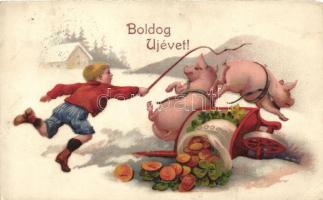 Boldog új évet / New Year, boy with whip chasing pigs, wheelbarrow with coins and clovers, litho (EM)