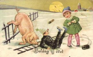 Boldog új évet / New Year, chimney sweeper boy, girl, pig (EK)