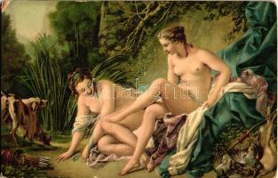 Diane au Bain / Erotic nude art postcard, litho s: Francois Boucher