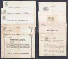 1855-1892 Vegyes okmány, irat tétel, rajtuk okmánybélyeggel(iskolai bizonyítvány, igazolás, kötelezvény, átadási okirat, stb.), 9 db