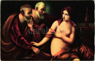 Susanna im Bade / Erotic nude art postcard, litho s: Guido Reni (small tear)