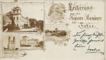 1897 Tata, Totis; az 1897-es hadgyakorlat emléklapja, Ferenc József, kastély, Öregvár, templom, floral, 2kr Ga. (r)