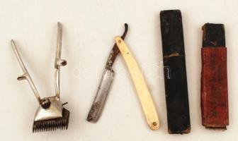 Vegyes régi fodrász tétel:olló, borotva, nyél, stb