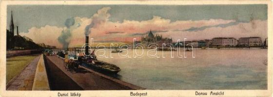 Budapest, Dunai látkép, rakpart, gőzhajó, Parlament; Mosinger R. műintézet Rt., mini postcard (17,8 cm x 6,3 cm)