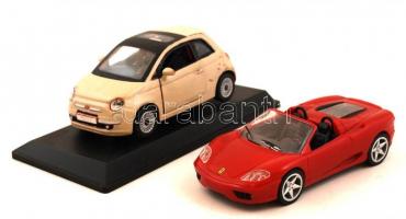 Kisautók: Ferrari 360 Spider és Fiat 500 talapzaton, cca 11cm