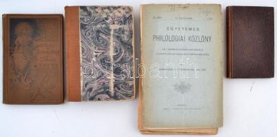 Vegyes könyv-folyóirat tétel: 1887 Az Egyetemes Philologiai Közlöny 5 száma a XI. évfolyamból(március, április, május, január), kiadja a Franklin-Társulat, valamint Lexikon fremdsprachlicher Zitate. Herausgegeben von Alfred Hermann Fried. Leipzig, 1888, Druck. und Verlag von Philipp Reclam. Félvászon kötés, jó állapotban; Henri Barbusse: das Feuer. Zürich, 1918, Max Rascher. Félvászon kötés, kissé kopottas állapotban; Bibliothek der Unterhaltung und des Wissens. Stuttgart, 1894, Union Deutsche Verlagsgesellschaft. Egészvászon kötés, jó állapotban.