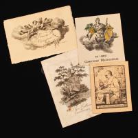 Vegyes ex libris tétel, fa, réz és litho, 4db ebből 3db dúcon jelzett: E. De Malval, Marks, Khicusoads, 1db jelzés nélkül. Különböző méretben és minőségben, 8x6cm és 12x8cm között