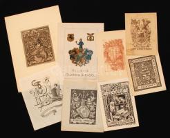 Vegyes ex libris tétel, acél, rézmetszetek rézkarc, fametszetek, 8db  dúcon jelzettek: Jauner (1833-1912), H. Volmar, Paul Voigt, W Obszyoach, Harry Soane (1831-1912), 2db. Különböző méretben és minőségben, 9x8cm és 11x7cm között