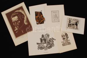 Vegyes ex libris tétel, linó, fa- és acélmetszet, aquatinta, mind jelzett, 2db dúcon, Gácsi Mihály (1926-1987), Fery Antal (1908-1994), Kaveczky Zoltán (1897-1965), Varga Nándor( 1895-1978), Tempinszky István (1907-1979), Várkonyi Károly (1910-2001), 6db, különböző méretben, 7x9cm és 18x13cm között