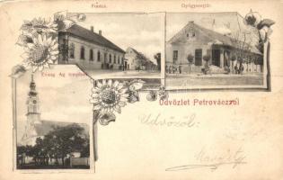 Petrőc, Backi Petrovac; Főutca, gyógyszertár, Evangélikus templom / main street, pharmacy, church; floral (EB)