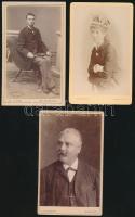 1870-1900 Női és férfi portré, keményhátú kabinetfotók Reilmayer mümcheni és Bamberger frankfurti műterméből, 2db, cca 11x6cm; valamint cca 1900 Férfi egészalakos fotója, A. Funk nagykikindai műterméből, 10,5×6,5 cm
