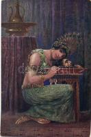 10 db RÉGI motívum képeslap, nagyrészt hölgyek, néhány folklór témájú lappal, Muttich festmények, ve...